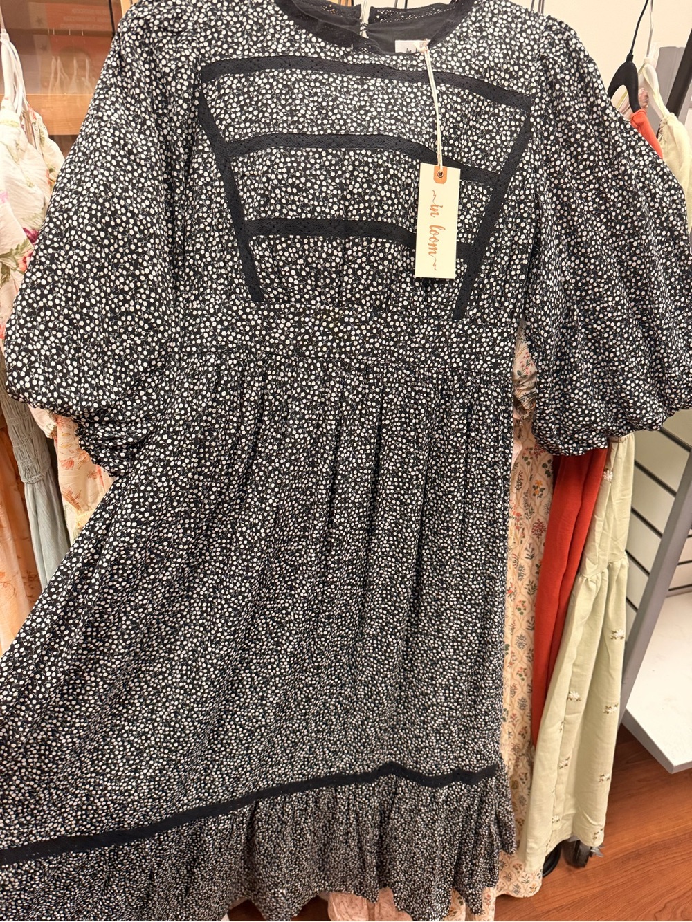 Women’s Black Floral Maxi Dress with Puff Sleeves - Picture 2 of 3